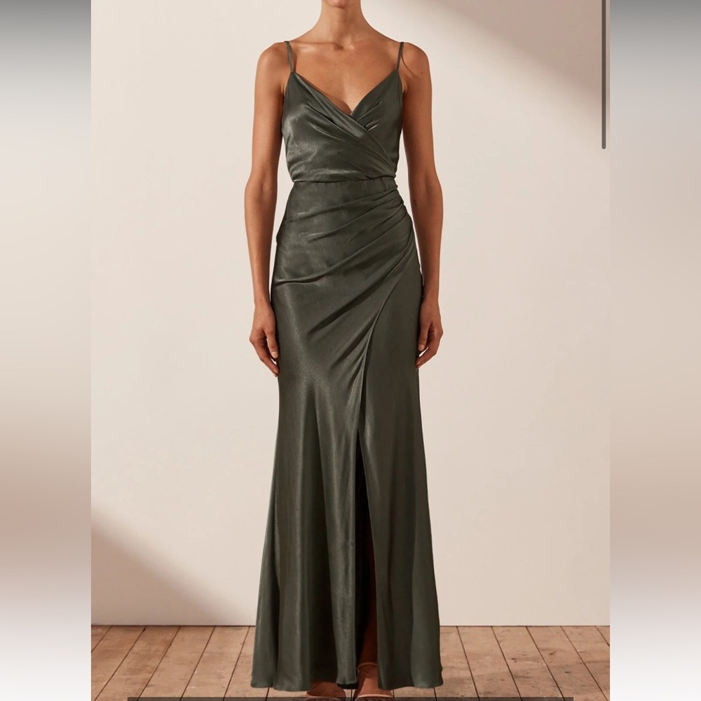 Shona Joy La Lune Cropped Wrap Draped Maxi Dress in Olive wedding bridesmaid